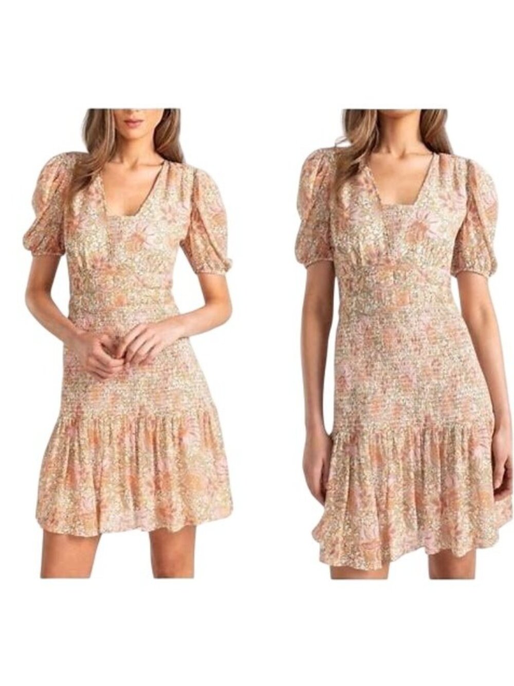Shoshanna Beige Blush Floral Aubrey Metallic Chiffon Smocked Mini Dress Size 4